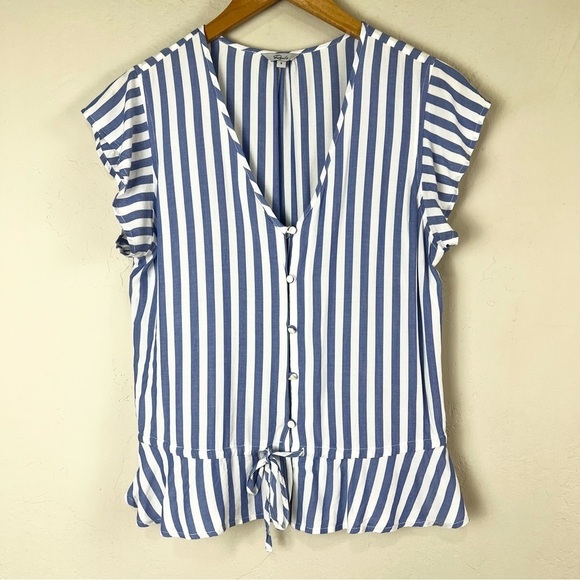 Rails Bretton Monaco Stripe Gathered Short Sleeve V-Neck Blouse Size Small - Picture 5 of 12